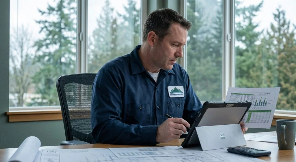 Business owner reviewing figures on a tablet beside printed charts