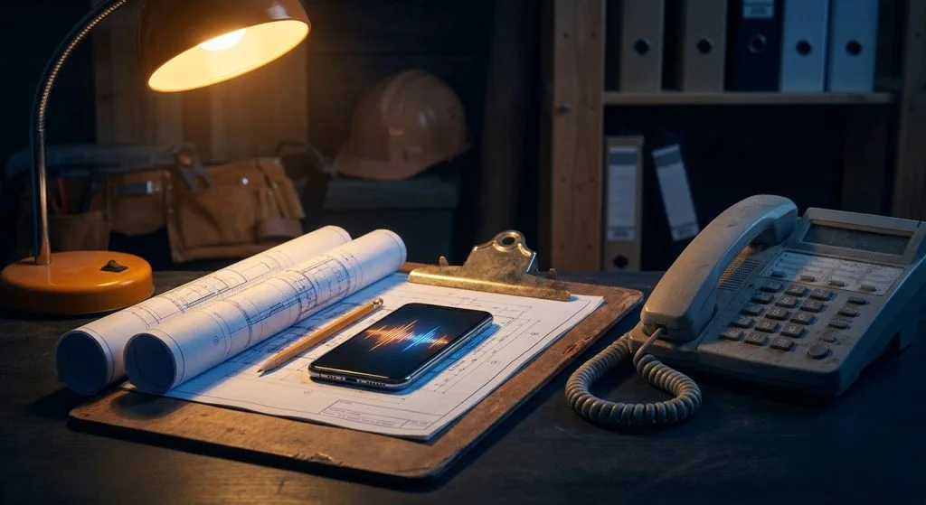 Desk phone and mobile phone beside job plans in an evening office