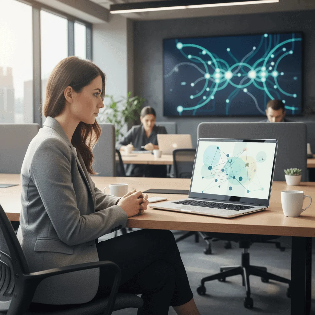 Office professional working at a laptop with an AI network illustration on a nearby screen