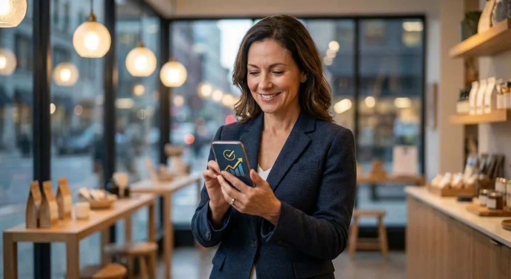 Shop owner checking a phone inside a local store
