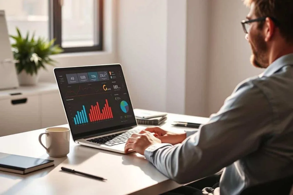 Business owner reviewing advertising charts on a laptop