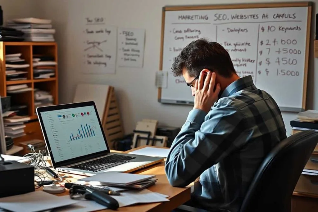 Contractor reviewing marketing figures while speaking on the phone
