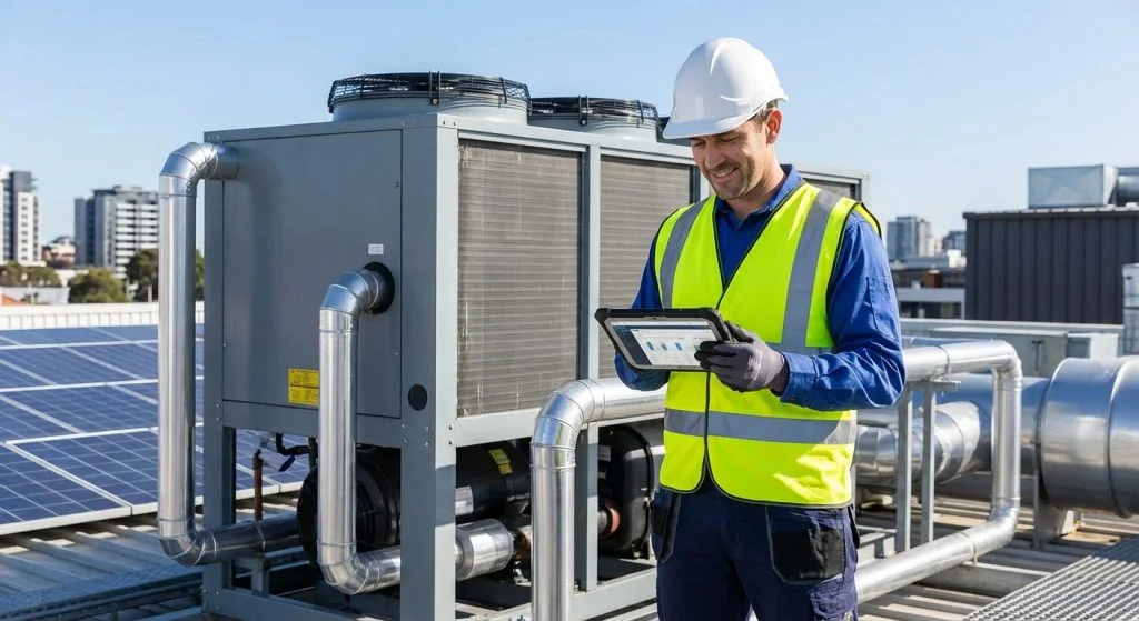 HVAC technician consulting a tablet beside rooftop equipment