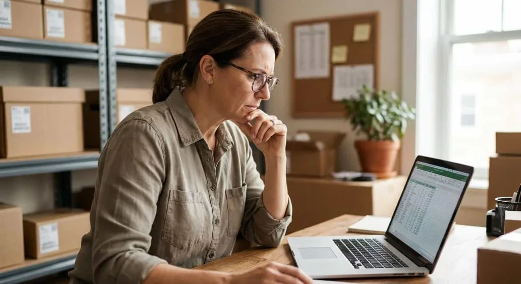 Business owner reviewing an online application at a laptop