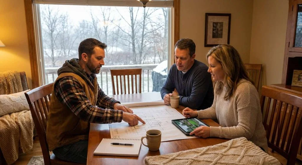 Contractor and homeowners reviewing project paperwork together