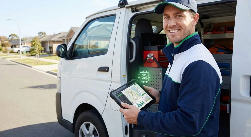 Service technician checking a tablet beside an open work van