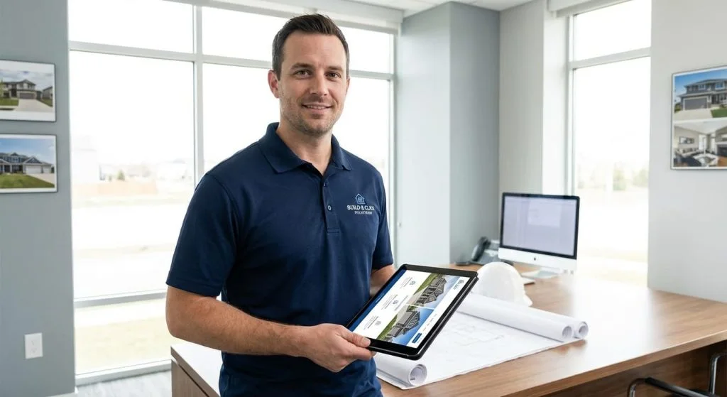 Contractor reviewing a website on a tablet beside project plans