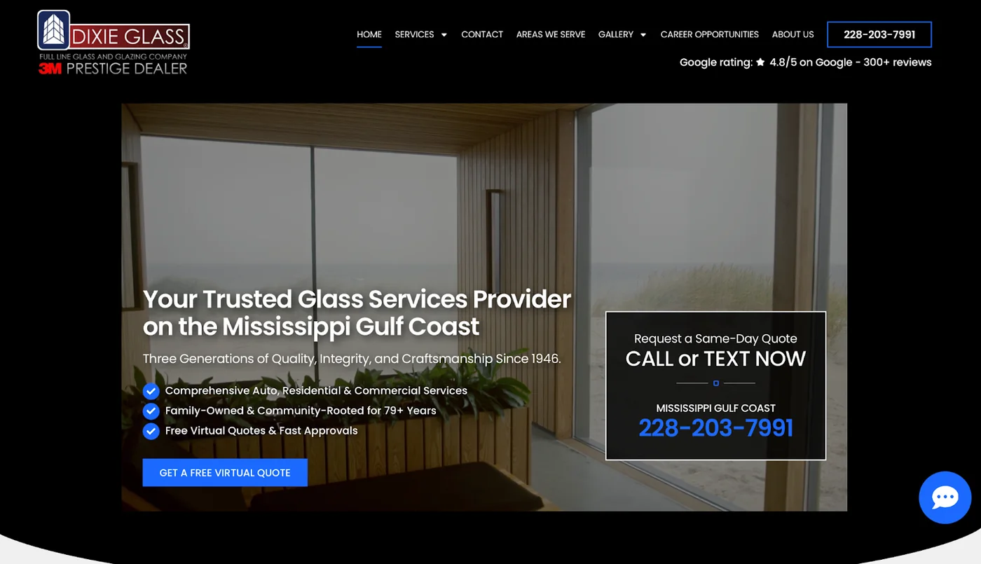 Dixie Glass website homepage for glass services on the Mississippi Gulf Coast