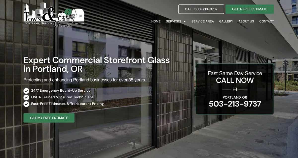 Town & Country Glass website homepage for commercial storefront glass in Portland