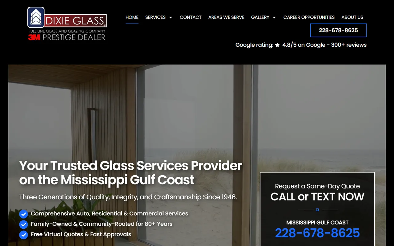 Dixie Glass homepage with a free virtual quote button and a call or text box