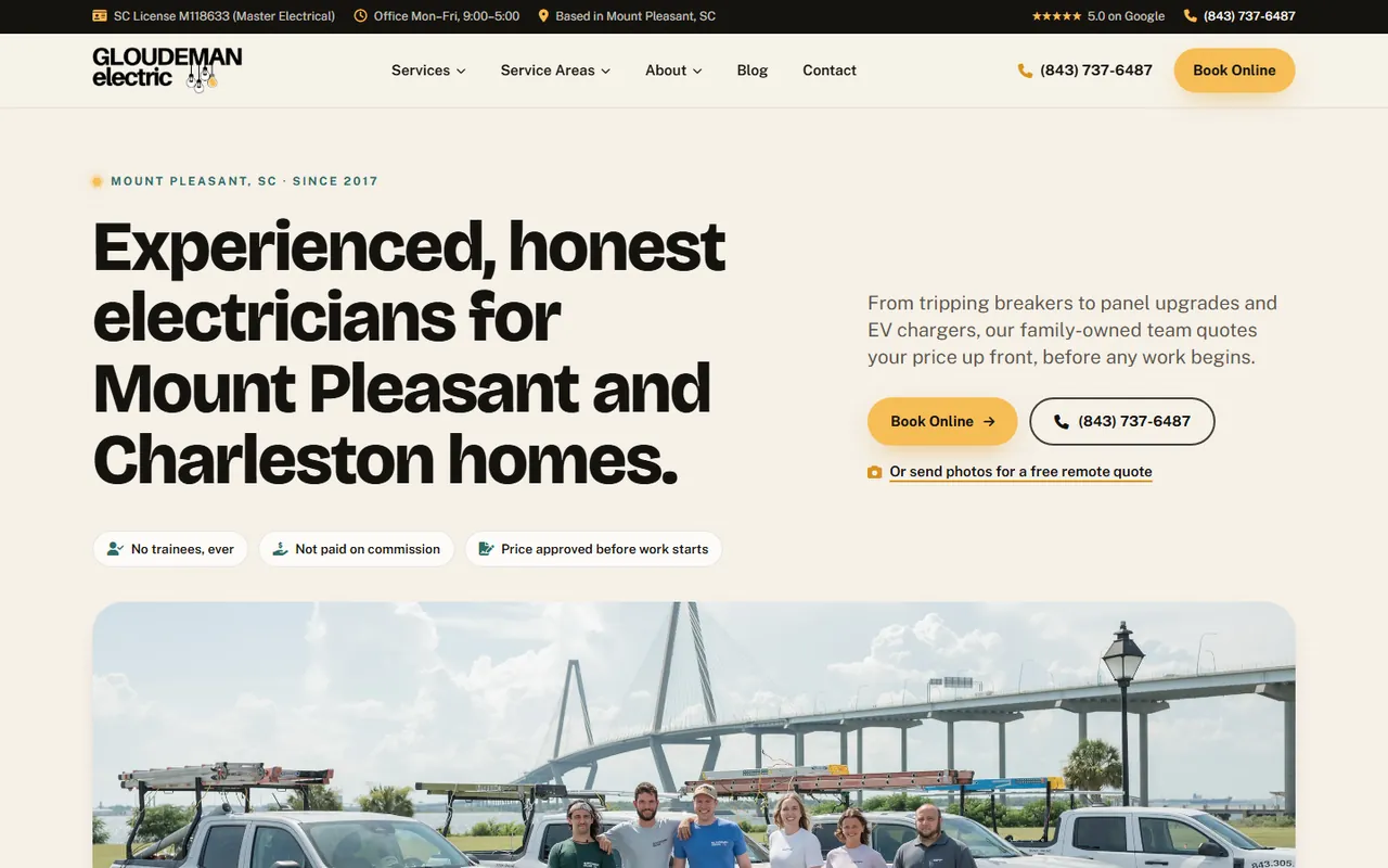 Gloudeman Electric homepage with crew photo and book online button