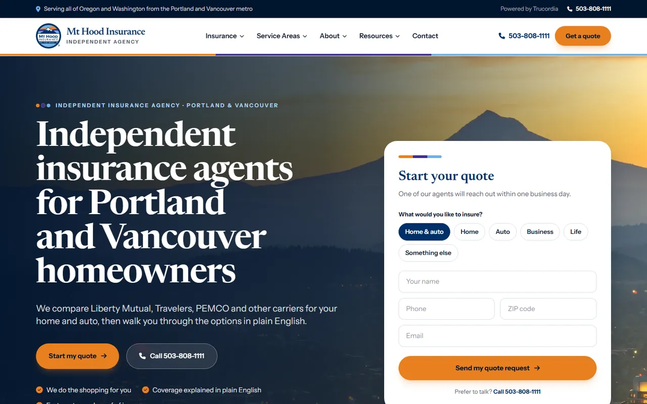 Mt Hood Insurance homepage designed and built by Lithium Marketing