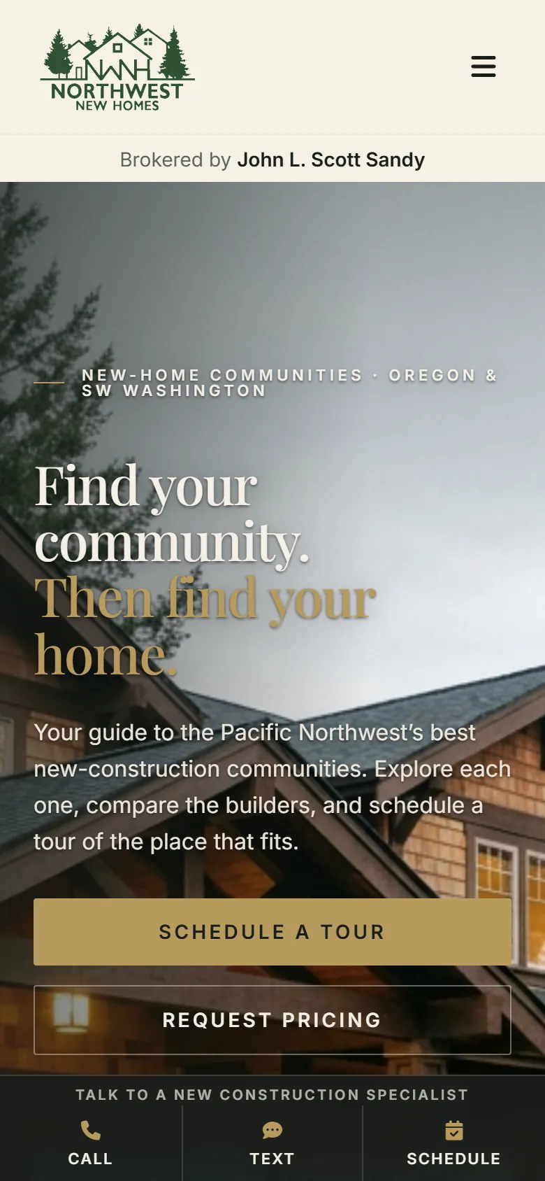 Northwest New Homes homepage on a phone