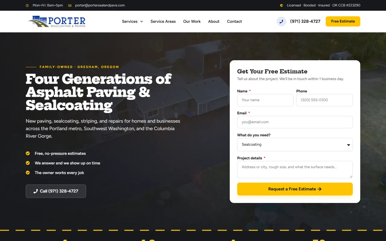 Porter Sealcoating & Paving website built by Lithium Marketing