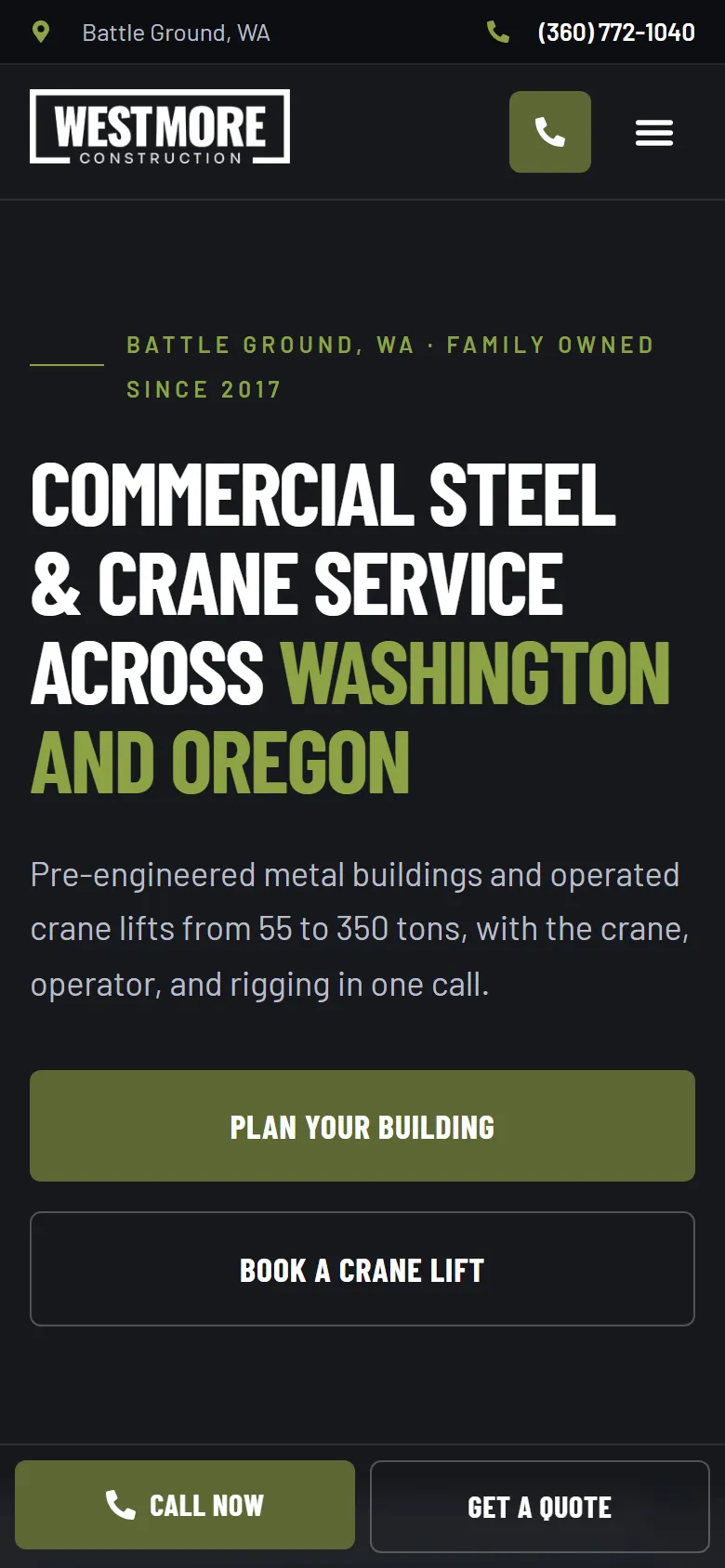 Westmore Construction homepage on a phone